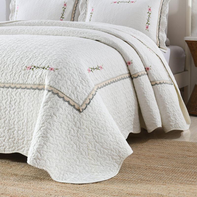 MarCielo 3-Piece 100% White Cotton Oversized Bedspread Set Coverlet Set Lightweight Quilt Set Sakura