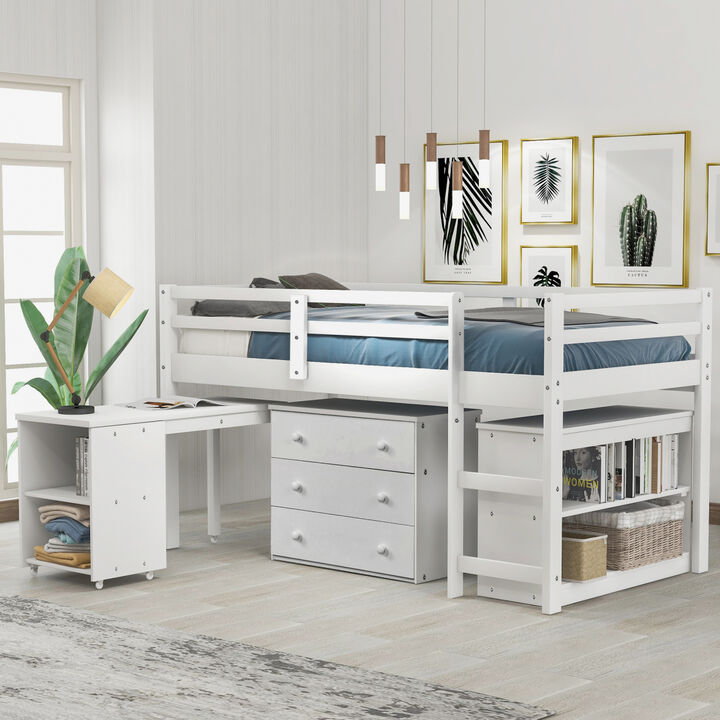 Low Study Twin Loft Bed with Cabinet and Rolling Portable Desk - Espresso