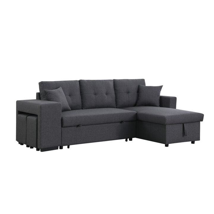 Dennis Dark Gray Linen Fabric Reversible Sleeper Sectional with Storage Chaise and 2 Stools