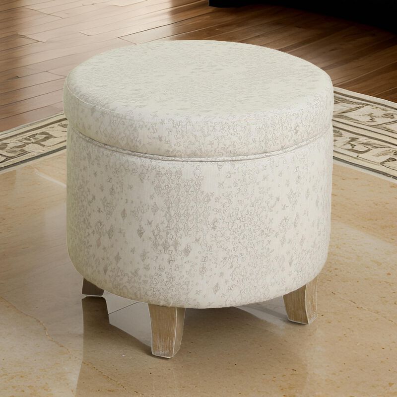 Fabric Upholstered Round Wooden Ottoman with Lift Off Lid Storage, Gray and Brown - Benzara
