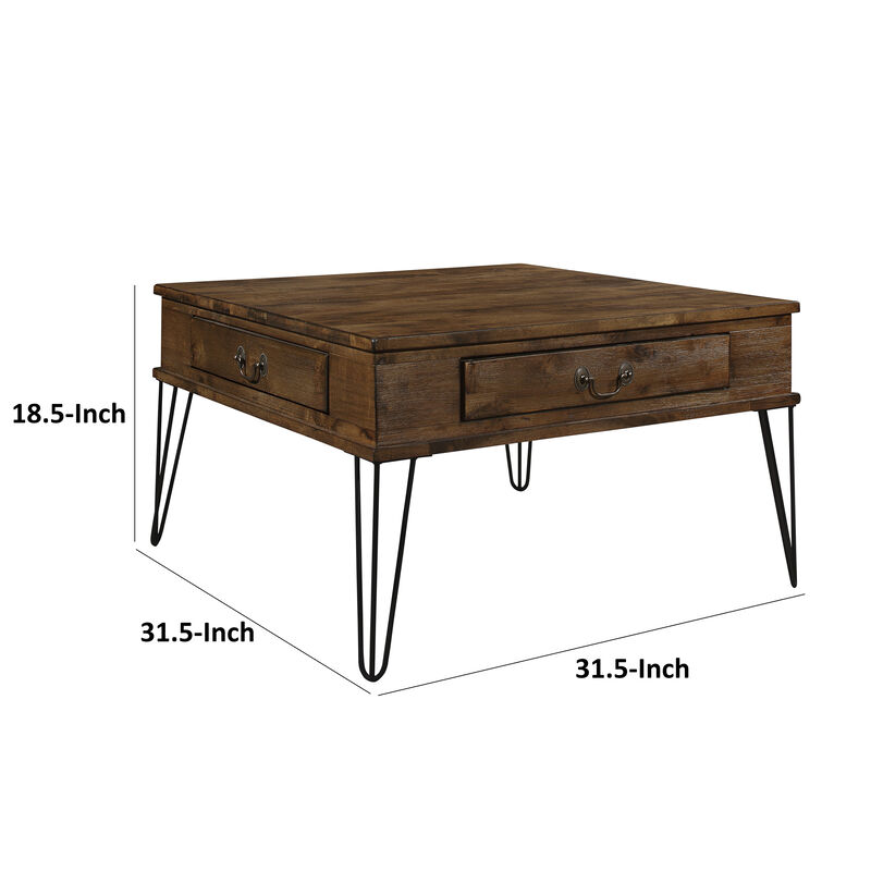 Itti 32 Inch Square Cocktail Coffee Table, 2 Drawers, Brown Wood, Black - Benzara