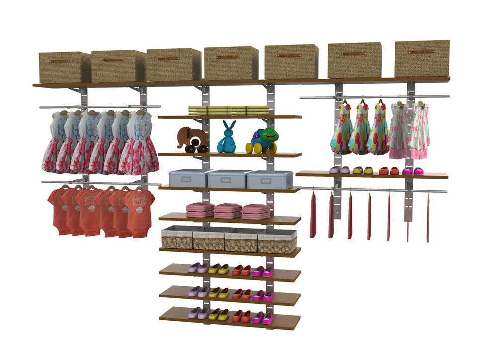 Stylish Kids Closet Unit 91" & 46" High with 12 Shelves 48" Length 14"- 16" Width + 4 Hanging Rails 48" Length | 3 Sections- Shelves Sold Separately