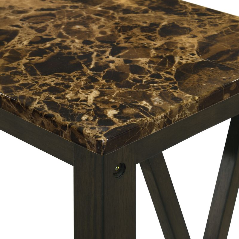 Elena 24 Inch Narrow Side Table, Lower Slatted Shelf, Faux Marble, Espresso - Benzara