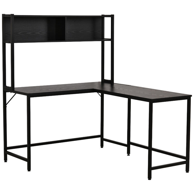 Black 55 Inch Home Office L-Shaped Computer Desk with Storage Shelves, PC Table Study Writing Workstation with 2 Storage Compartments