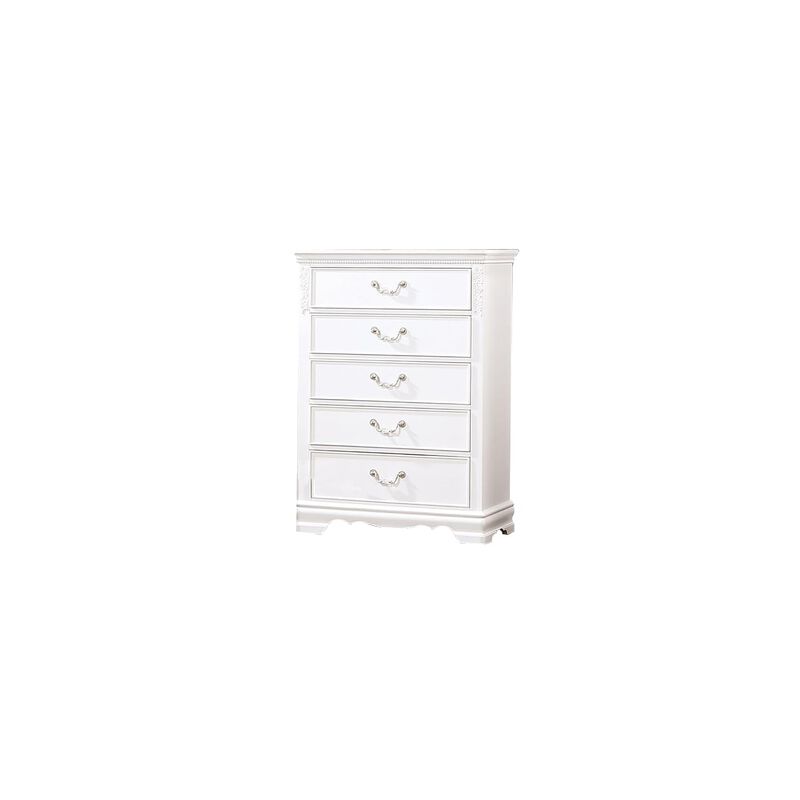 Benjara Aleci 48 Inch Tall Dresser Chest, 5 Drawers, Wood Carved, White and Nickel