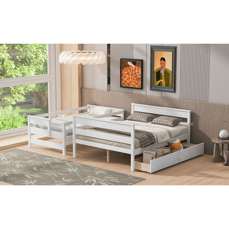 Wood Twin over Full Bunk Bed with 2 Drawers, White