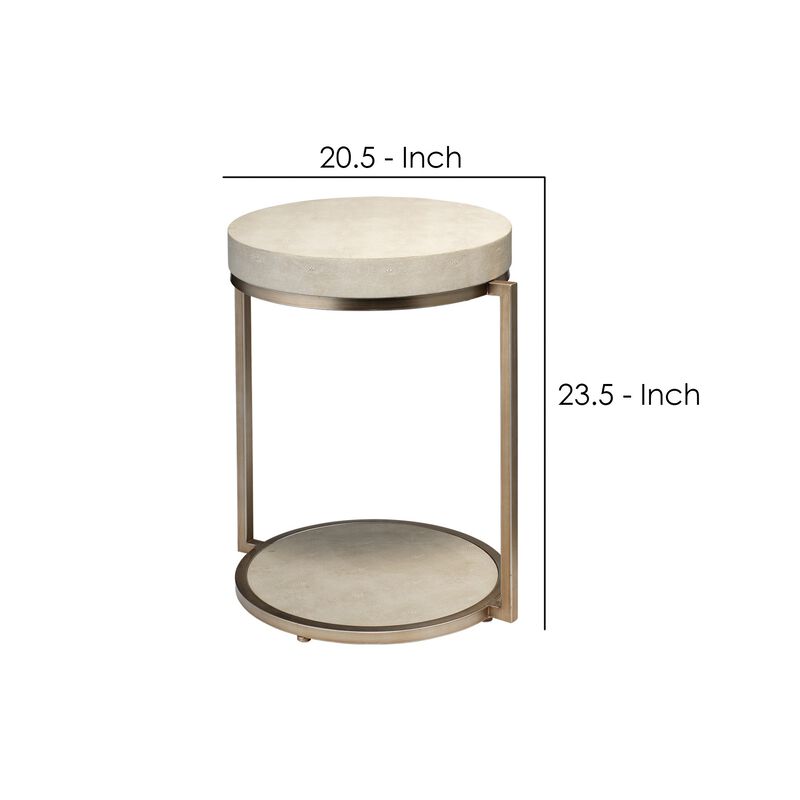 Metal Side Table with Round Top and Bottom, White and Gold-Benzara