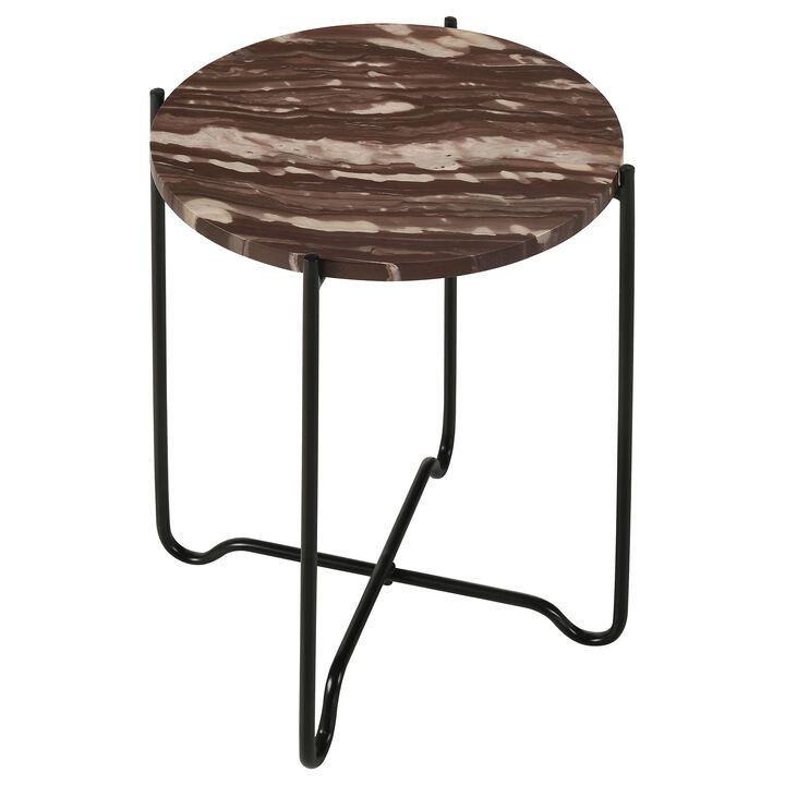 22 Inch Accent Table, Round Red Marble Top, Crossed Open Black Metal Base - Benzara