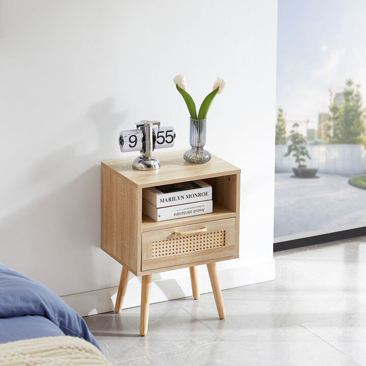 Rattan End table with drawer and solid wood legs, Modern nightstand, side table for living roon, bedroom,natural