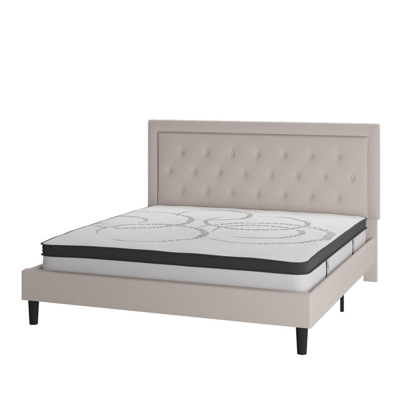 Roxbury King Size Tufted Upholstered Platform Bed in Beige Fabric with 10 Inch CertiPUR-US Certified Pocket Spring Mattress