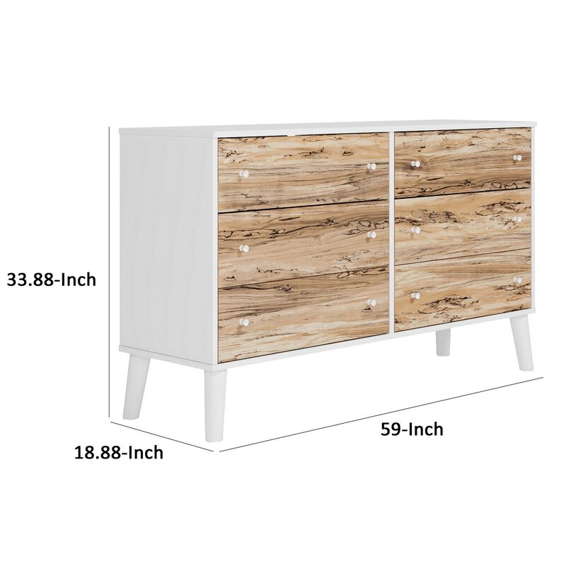 Asher 59 Inch Contemporary Dresser, 6 Drawers, White and Natural Brown-Benzara