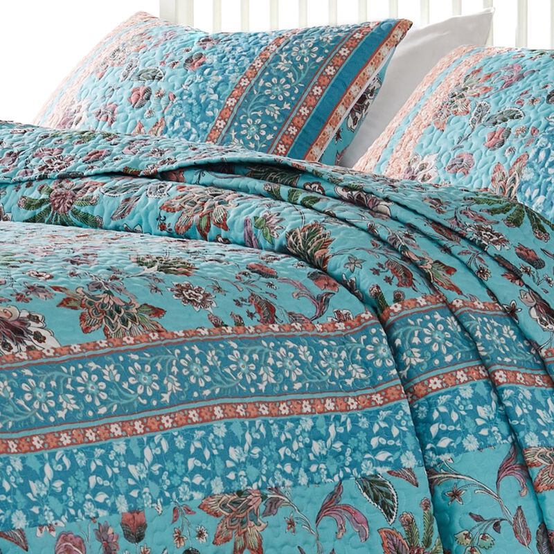 Dill 3pc Queen Bedspread Set, Bohemian Turquoise Floral Microfiber Cotton