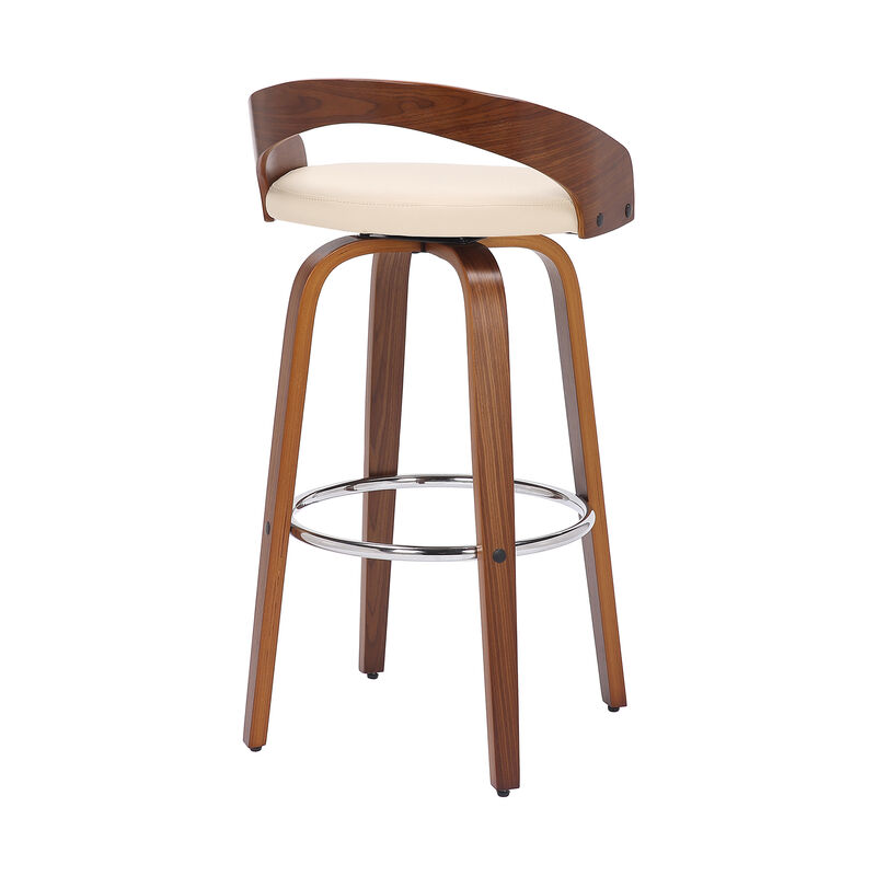 Sonia Bar Height Swivel Brown Faux Leather and Walnut Wood Bar Stool