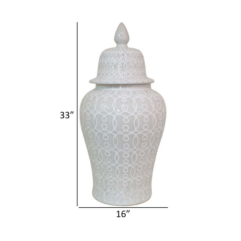 Deni 33 Inch Temple Jar, Removable Lid, Carved Pattern, Ceramic, White - Benzara