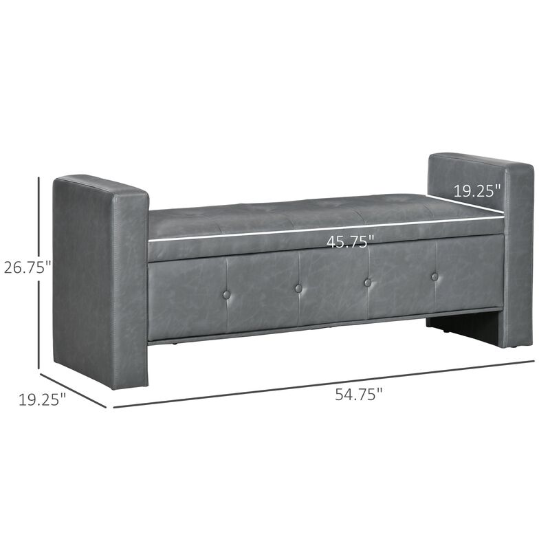 Grey Storage Bench: Tufted Faux Leather Ottoman with Armrests