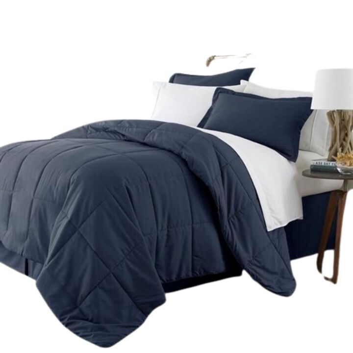 Hivvago King Navy Microfiber Baffle Box 6 Piece Reversible Bed in a Bag Comforter Set