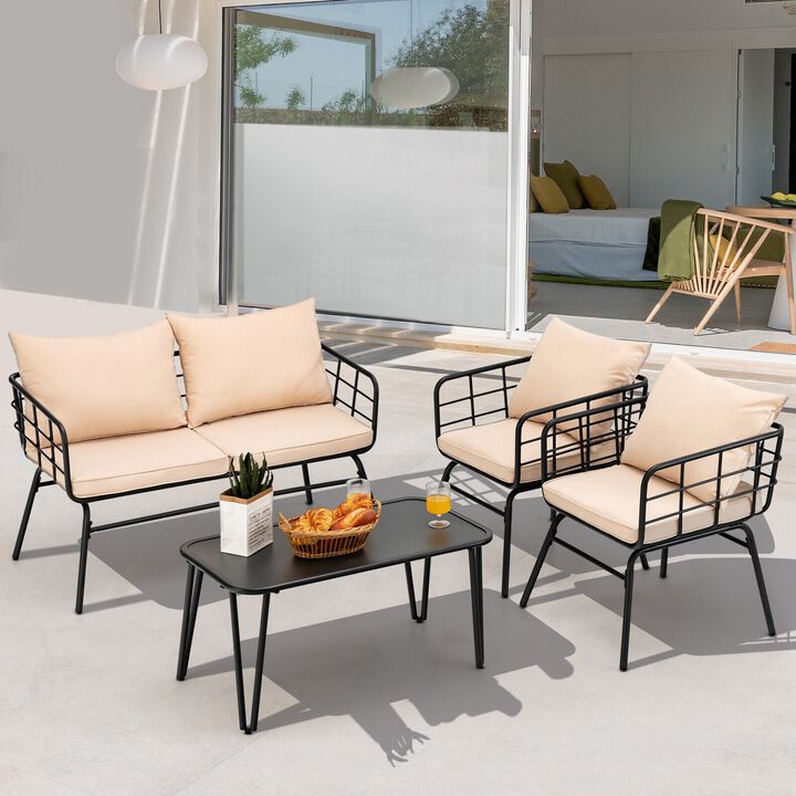 4 Pieces Patio Furniture Set with Seat Back Cushions for Garden-Beige