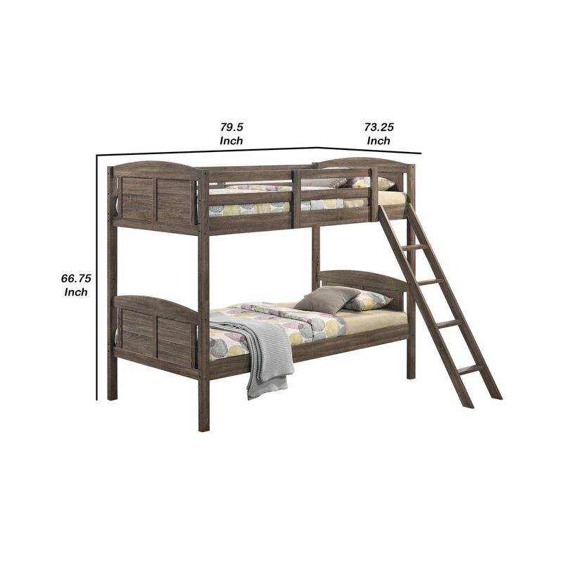 Twin Over Twin Bunk Beds, Curved Headboards, Ladder, Straight Legs, Brown-Benzara