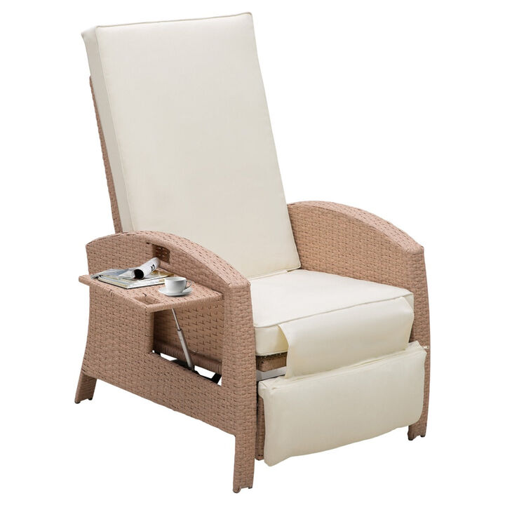 Luxe Outdoor Relaxation: Beige Rattan Recliner with Side Table and Footrest