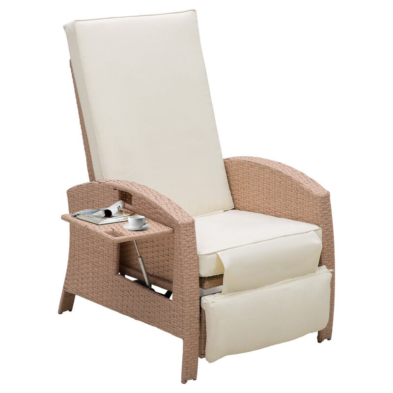 Outdoor Rattan Wicker Adjustable Recliner Lounge Chair with Drink Tray