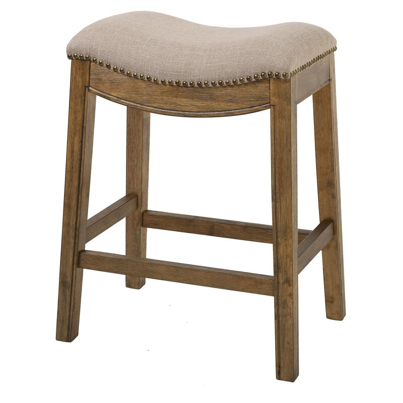 New Ridge Home Goods Sadie 25in. H Saddle Natural Wood Counter-Height Barstool with Cobble Gray Fabric