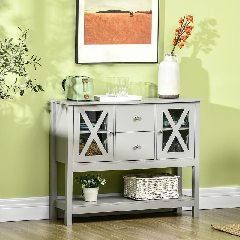 Modern Sideboard Buffet with Glass Door, Buffet Cabinet with Adjustable Shelves, 2 Drawers and Open Shelf for Dining Room, Buffet Table, Grey