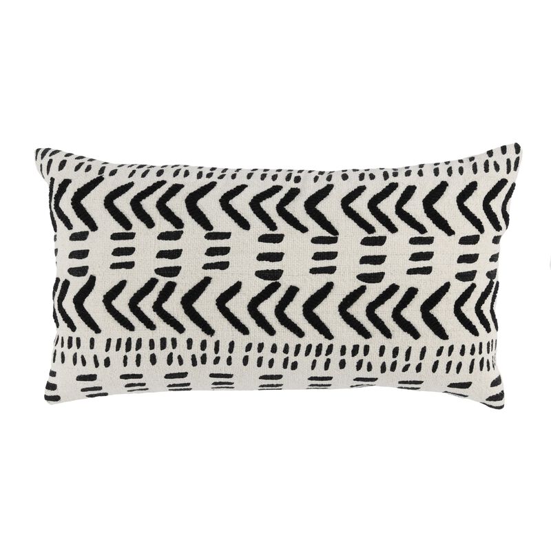 26 Inch Cotton Decorative Lumbar Throw Pillow, Tribal Pattern, Black, White-Benzara