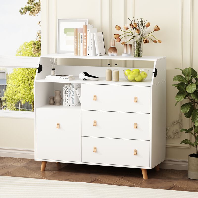 White 4-Drawer 45 in. Width, Wooden Stylish Chest of Drawers, Dresser, Storage Cabinet with Open Shelf