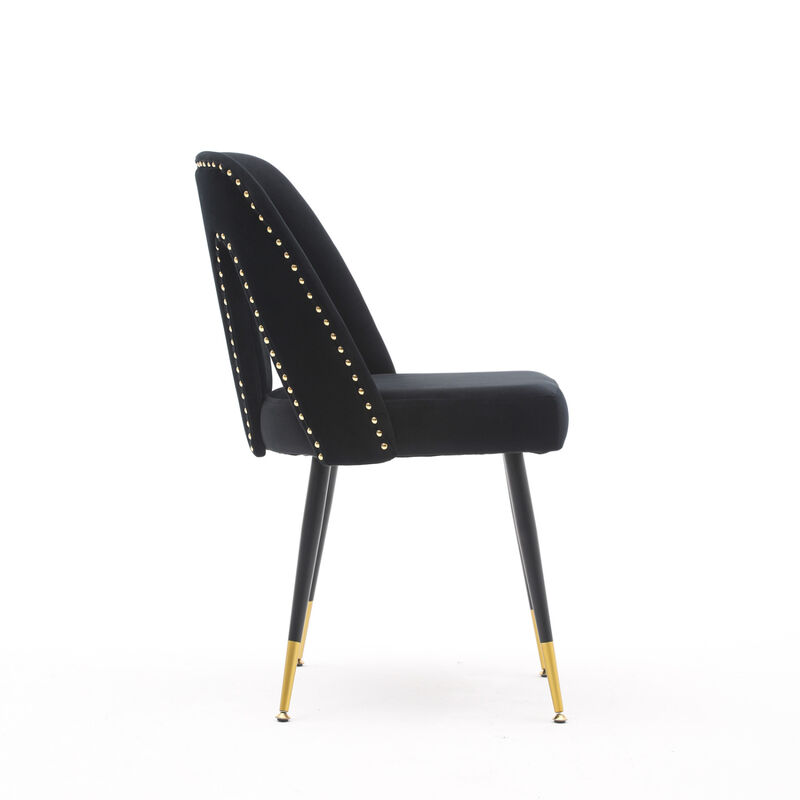 Modern Contemporary Velvet Upholstered Dining Chair with Nailheads and Gold Tipped Black Metal Legs, Black, Set of 2