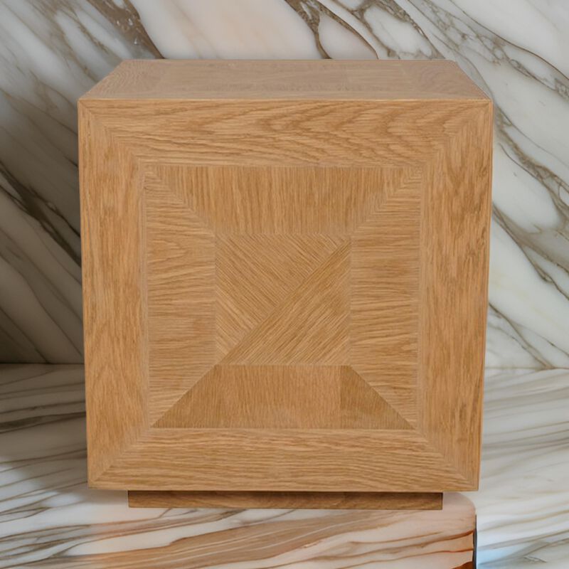 19 Inch Side End Table, Square Geometric Design, Brown Oak Wood Veneer - Benzara