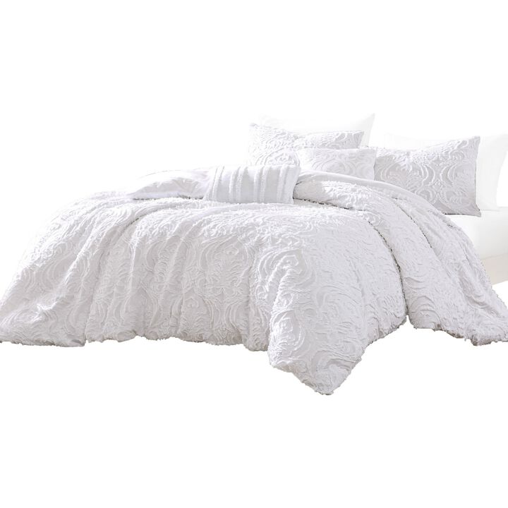 Kile Modern 6 Piece Queen Size Duvet Comforter Set, White Medallion Pattern - Benzara