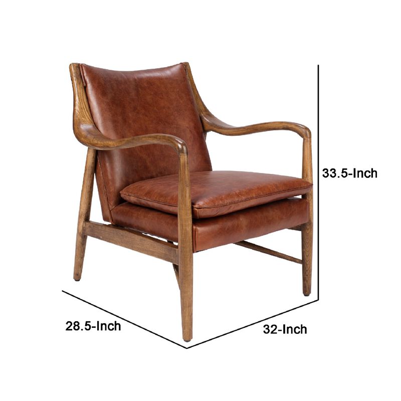 29 Inch Classic Wood Club Chair, Top Grain Leather Seat, Curved Arms, Brown-Benzara