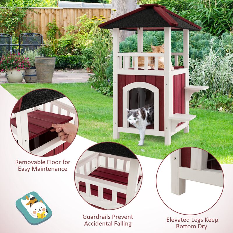 Costway Outdoor Cat House 2-Story Wooden Cat Shelter with Asphalt Roof Removable Floor