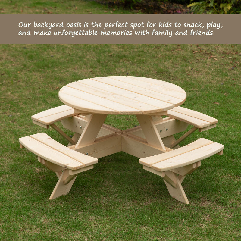 Wooden Kids Round Picnic Table Bench, Outdoor Children's Backyard Table, Crafting, Dining, and Playtime Patio Table