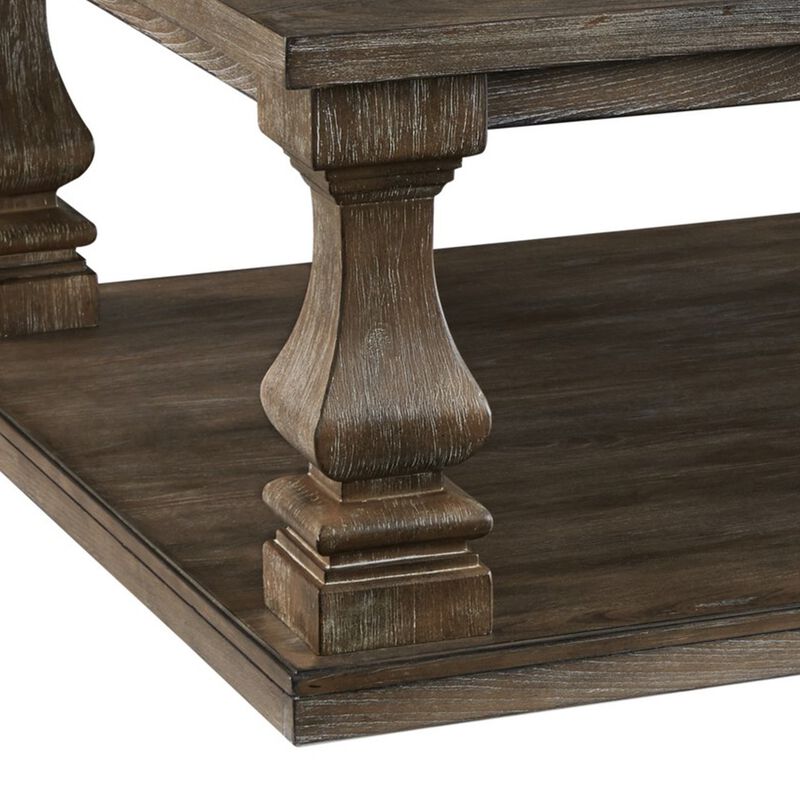 Classic 54 Inch Coffee Table, Baluster Legs, Spacious Top, Weathered Gray-Benzara