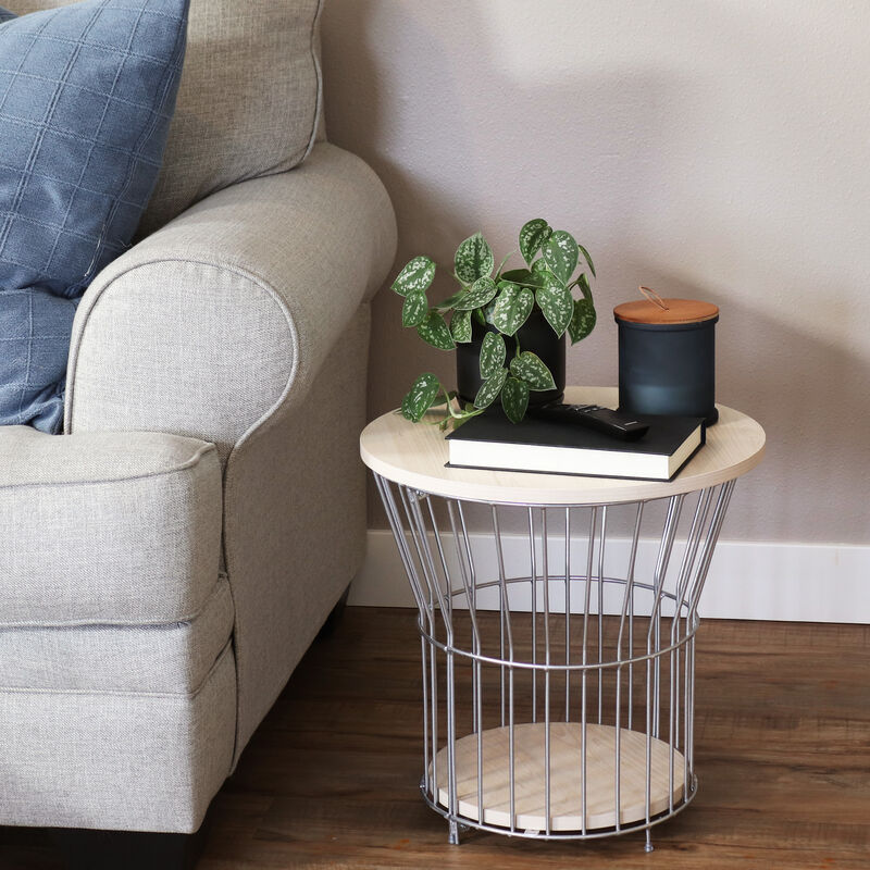 Sunnydaze Wire Pedestal End Table with MDF Pull-Open Tabletop