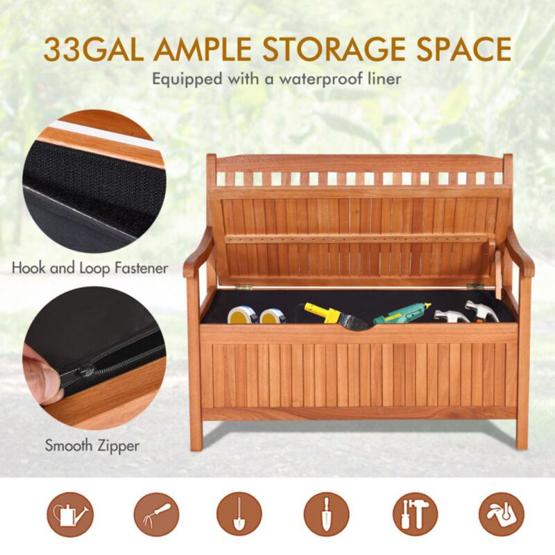 33 Gallon Wooden Storage Bench with Liner for Patio Garden Porch