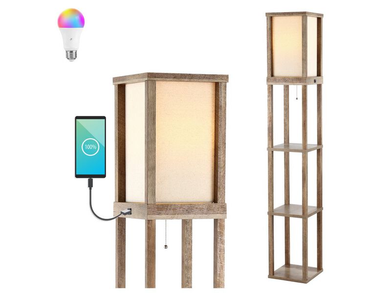 Etagere 63.5" Rustic Bohemian Wooden LED 3-Shelf Floor Lamp with Pull-Chain, USB Charging Port and Smart Bulb, Brown