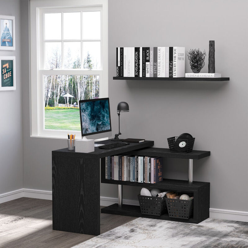 Black Home Office Hub: 360° Rotating L-Shaped Desk with Storage Shelves