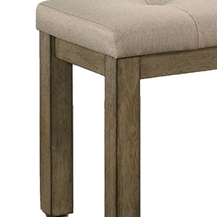 Alfa 48 Inch Farmhouse Bench, Beige Fabric, Tufted Seating, Brown Wood-Benzara