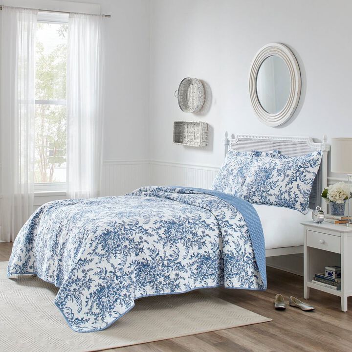 QuikFurn Full/Queen 3 Piece Bed In A Bag Reversible Blue White Floral Cotton Quilt Set
