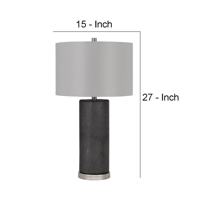 27 Inch Ceramic Table Lamp, Faux Leather Wrapped, Dimmer, Gray-Benzara