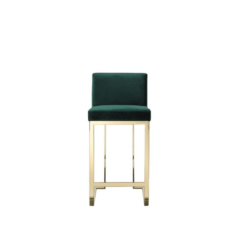 Boly 26 Inch Counter Stool Chair, Cushioned Green Velvet, Gold Cantilever - Benzara