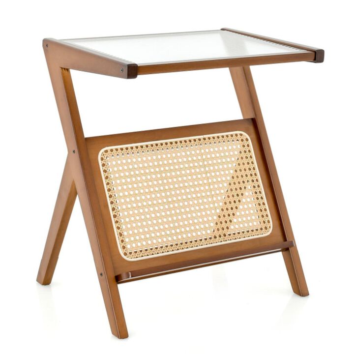 Hivvago Boho End Table with Magazine Rack and Tempered Glass Top