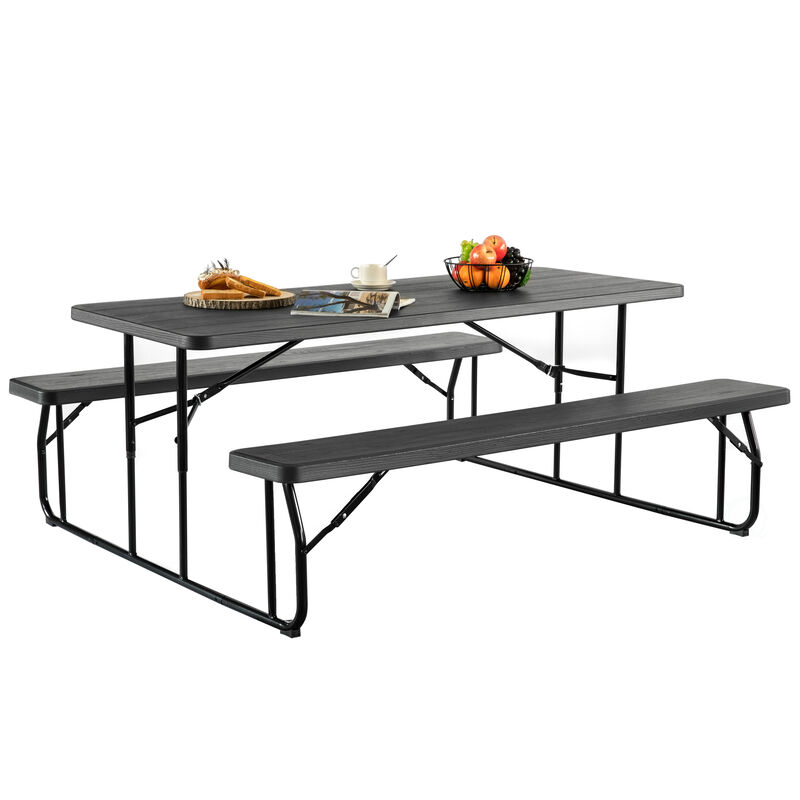 Outdoor Foldable Woodgrain Picnic Table Set with Metal Frame 6 Ft. Black