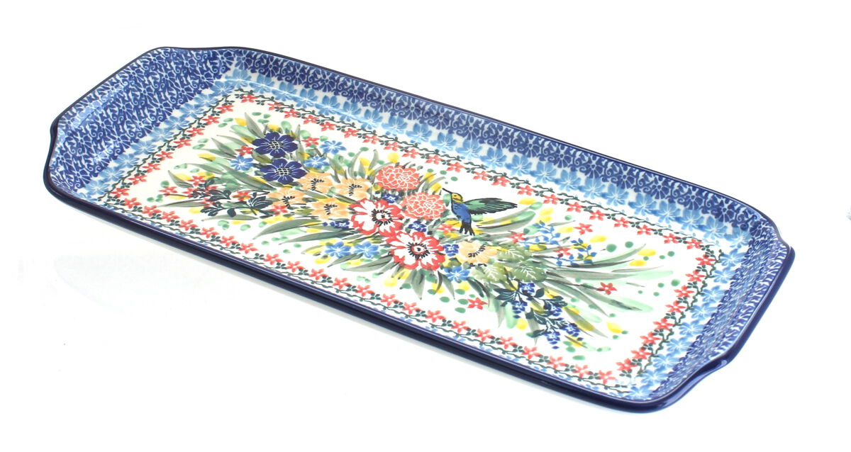 Blue Rose Polish Pottery Spring Tulip Bread Tray