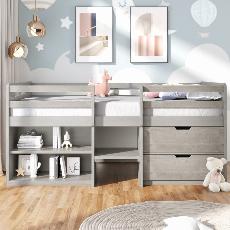 Twin size Loft Bed with Two Shelves and Two drawers (White)