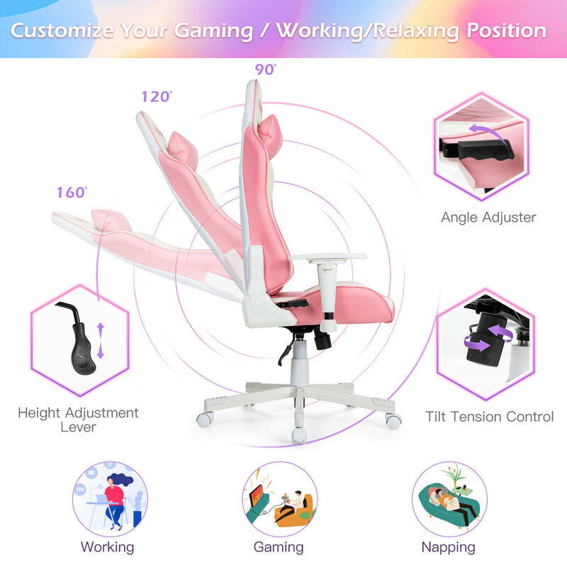 Costway Gaming Chair Racing Style Adjustable Swivel Computer Office Chair Pink