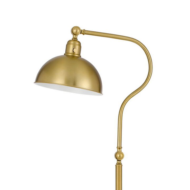 60 Inch Metal Curved Floor Lamp, Adjustable Dome Shade, Brass-Benzara