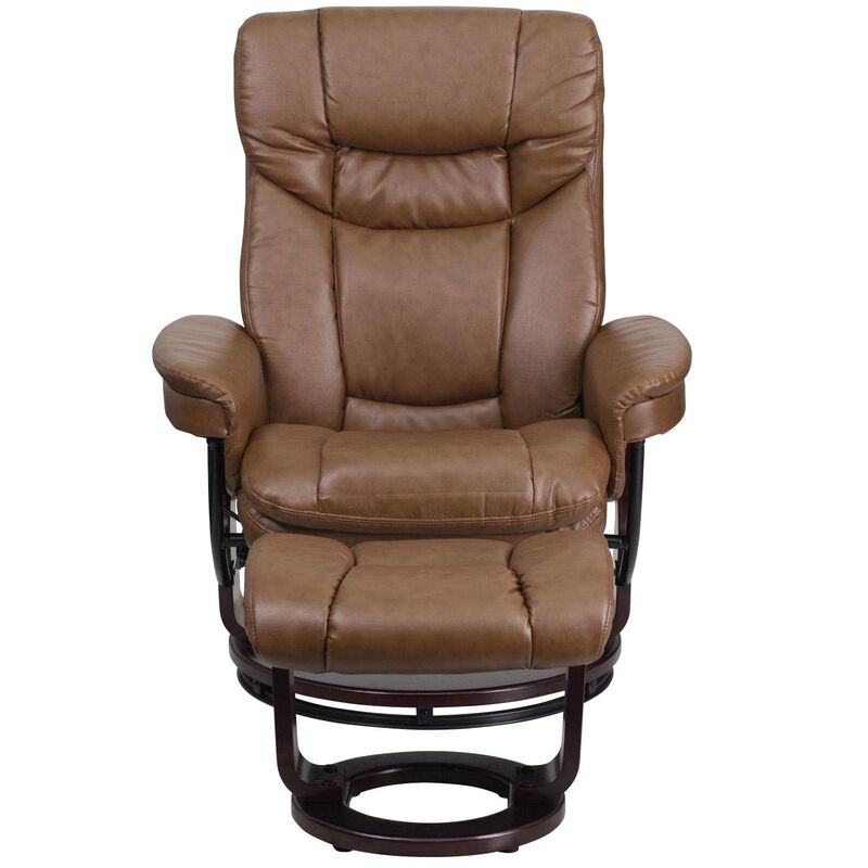 Flash Furniture Allie Contemporary Multi-Position Recliner and Curved Ottoman with Swivel Mahogany Wood Base in Palimino LeatherSoft, 44.5"D x 33"W x 41.25"H